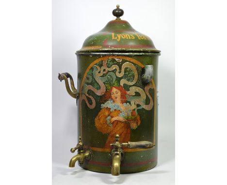 A Lyons Tea House urn, with brass and wooden handles and a ceramic liner, circa 1910, height 48cm, diameter 26.5cm