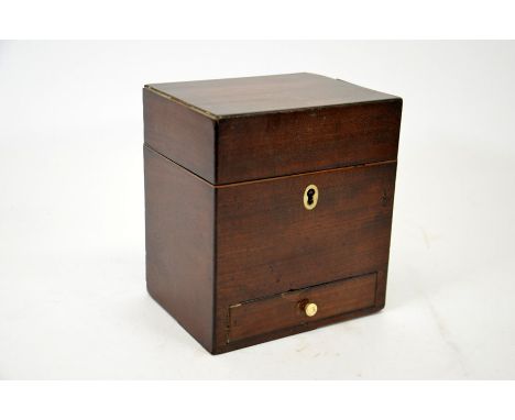 A George III mahogany medicine caddy, ebony and satinwood banded with bone escution and handle to the internally locked drawe