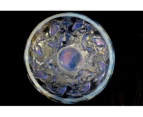 Rene Lalique, an opalescent and iridescent Cyprins glass bowl, lustre finish,  designed circa 1921, moulded with goldfish, in