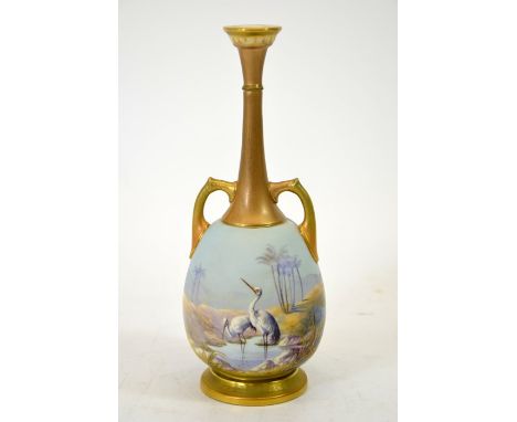 William Powell for Royal Worcester, a twin handled bottle vase, 1912, painted with storks in oasis landscape, puce marks, 21c