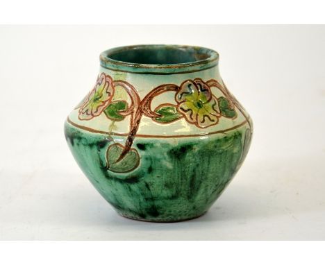 A small Della Robbia art pottery vase, squat shouldered form, sgraffito decorated with a band of roses above turquoise ground