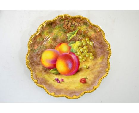 A Royal Worcester fruit painted plate, 1956, gooseberries and peaches, by H Ayrton, with gilt gadrooned border, 22cm diameter