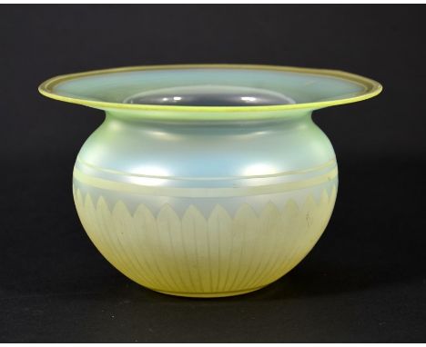 John Walsh Walsh, a vaseline glass light shade, ovoid form with wide brim rim, etched in the Neoclassical style with lappet d