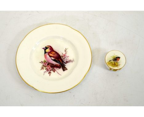 Powell (attributed) for Royal Worcester, a Hawfinch painted plate, circa 1908, together with Bullfinch miniature rouge pot, c