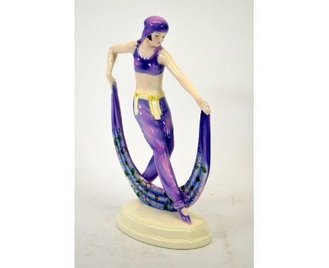 Josef Lorenzl for Goldscheider, Arabian Dancer, circa 1922, model 6063, variation of model 5613, purple pink costume with geo