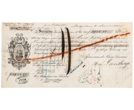 Sklaverei - - Wechselbrief (Wisselbrief) zur staatlichen Entschädigung des Sklaveneigners A. D. Charlouis. Handschriftlich er