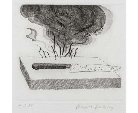 Hockney, David. The carpenter's bench, a knife and fire. Radierung auf handgeschöpftem Bütten von W. S. Hodgkinson (Wasserzei