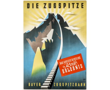 Plakate - - Kumpf, R. Die Zugspitze. Bayrische Zugspitzbahn. Farbig lithographiertes Plakat auf Papier. München, Meindl, um 1