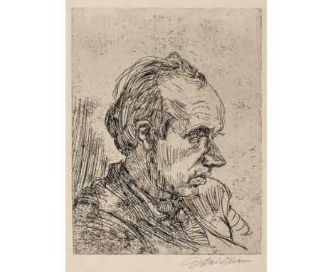 Meidner, Ludwig. Ohne Titel. (Porträt Johannes R. Becher). Kaltnadelradierung auf chamoisfarbenem Velin. Signiert unten recht