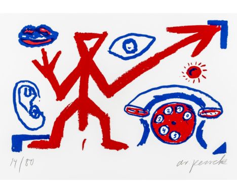 Penck, A. R. Rufnot. Farbserigraphie auf Bütten. Signiert und nummeriert. Exemplar: 14/80. 1992. Motivmaße: 28 x 47 cm. Blatt