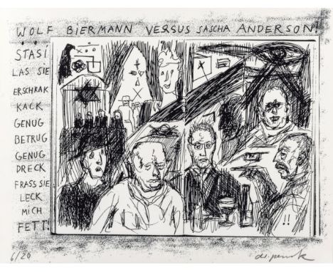 Penck, A. R. (das ist: Ralf Winkler). Wolf Biermanmn versus Sascha Anderson. Lithographie auf Velin. Signiert rechts unten. L