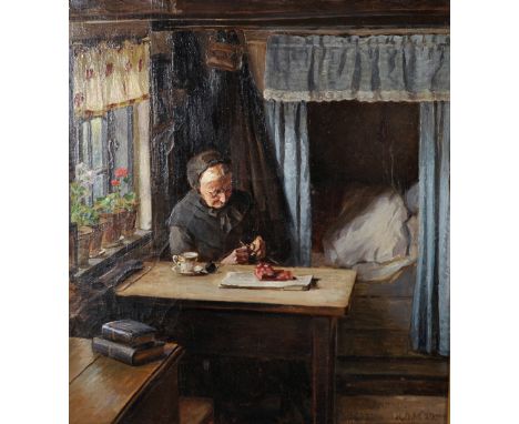 K... D... Mygind (1877-1950) Danish. 'The Artist's Mother', Seated in an Interior Knitting, Oil on Canvas, Signed with Initia