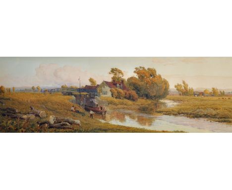 Robert Thorne Waite (1842-1935) British. "Evening on the .....", a River Landscape, with Figures and a Barge entering a Lock 