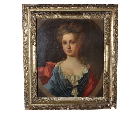 Circle of Godfrey Kneller (1646-1723) British. Portrait of a Lady, in a Blue Dress with White Edging, Oil on Canvas, in a Sil