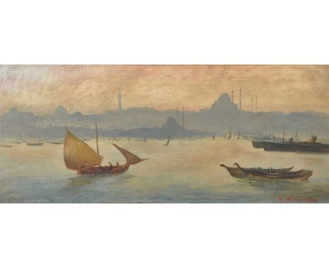 R... Housman (20th Century) British. 'Istanbul', with Hagia Sophie in the distance, from the Sea of Marmora, Oil on Board, Si