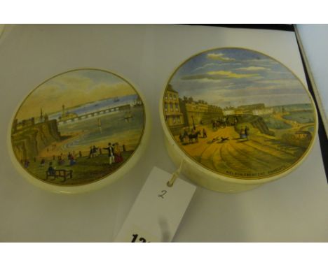 Two large mid 19th century Prattware pot lids, 'Nelson Crescent Ramsgate' with base; and 'The New Jetty Margate', both 5.75in