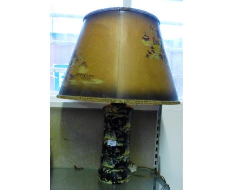 A Royal Winton athlone pattern black chinoiserie decorated table lamp painted circa 1951, 38cm high