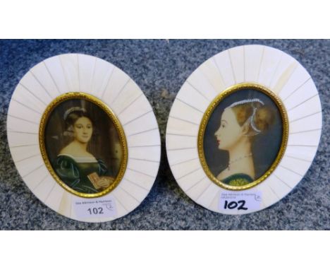 A pair of 19th century style ivorine mounted portrait miniatures of ladies