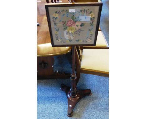Victorian mahogany pole screen stand, with turned stem on trefoil base and fixed framed tapestry panel