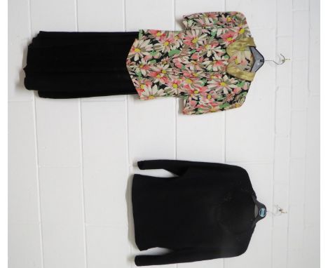 A 1930's floral crepe blouse with gold lame collar and buttons, peplum waist with a long black satin skirt and a 1950's black