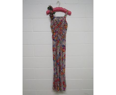 1940's Harrods floral silk multi coloured evening dress with ruched detail at bodice and matching corsage