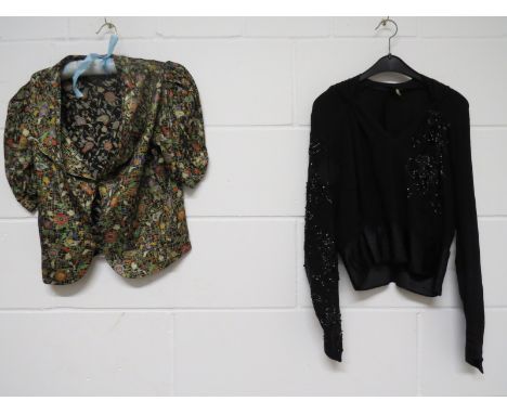 A 1930's black, gold, green and red short sleeve silk blouse, 1940's black crepe sequined top together with a 1940's black sa