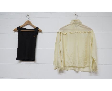 Fore items of Biba clothing,wo pairs of  velvet trousers in olive green and rust, v shaped waistband to front, a cream silk b