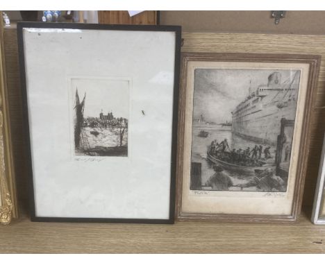 Edward J. Cherry, etching, Tower of London, 14 x 10cm, and another etching, Fleet's Inn by Sutton Wood, 23 x 18cm
