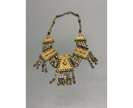 An antique Mayan? gilt metal and hardstone set drop necklace, 42cm.