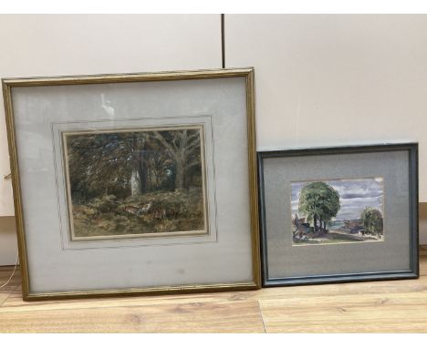 Samuel Bough (1822-1878), watercolour, Woodland scene with deer, signed, 18 x 24cm and a sketch attributed to Hervey Adams, 1