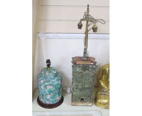 A Chinese archaistic cast vase, now as a lamp and a Chinese ceramic table lamp, tallest 38cm