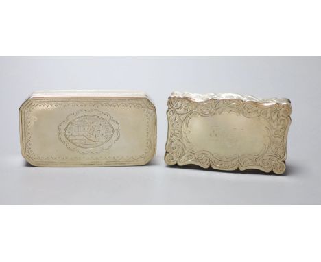 An early 19th century French engraved 950 standard octagonal snuff box, 84mm and a Victorian silver snuff box, Birmingham, 18