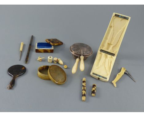 A collection of assorted 18th century and later sewing accessories and objets d'art including a horn snuff boxCONDITION: - ea