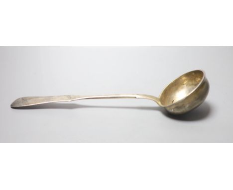 A late 19th century Russian 84 zolotnik soup ladle by S. Yarlevtsin, Vilnius, 31.5cm, 8oz.
