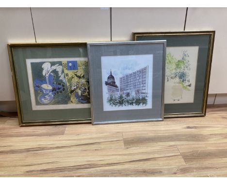 After Graham Sutherland, lithograph, Untitled, 36 x 60cm, a lithograph by another hand and a David Gentleman print of London
