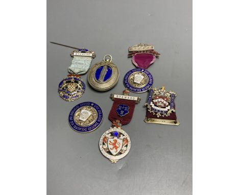 Six assorted early to mid 20th century silver and enamel masonic jewels, gross 4.5oz.