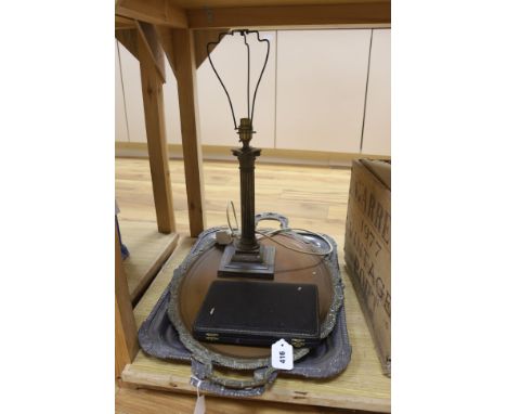 A cased set of six silver spoons, a large rectangular plated tray, an oval tray and a plated Corinthian column lamp