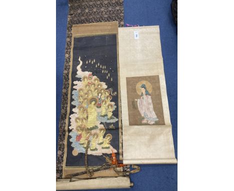 A Chinese scroll painting on silk of Guanyin, early 20th century, image 37 x 24.5cm and a Japanese Meiji period scroll painti