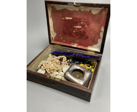 A silver travelling watch case, two pocket watch and assorted jewellery including knot stick pin, costume, necklaces etc.