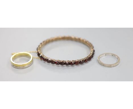 A modern 18ct white and yellow metal twin band ring, size Q/R, 9 grams, a similar 18ct white metal and diamond chip set etern