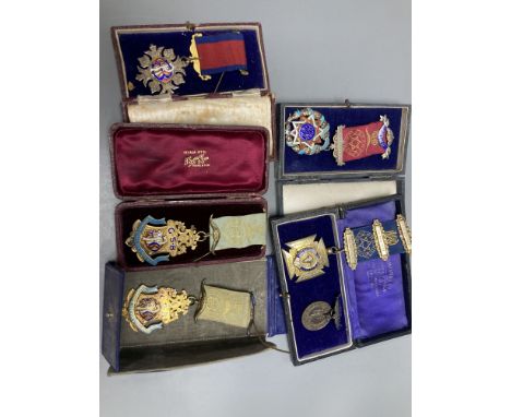 Five assorted early to mid 20th century silver gilt and enamel masonic jewels and a similar 1935 Souvenir medallion, gross 5o