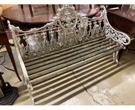A Victorian style Coalbrookdale design painted cast metal garden bench with slatted wood seat, length 150cm, depth 55cm, heig