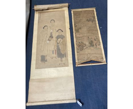 Two Chinese scroll painting on paper of beautiful ladies, late Qing dynasty, image 105 x 47cm and 100 x 38cm some damageCONDI