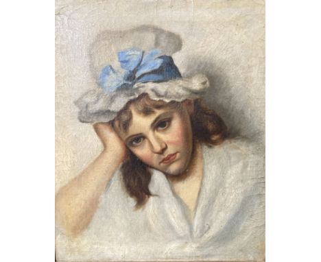 English School c.1900, oil on canvas, Portrait of a young woman wearing a ribbon tied bonnet, 48 x 41cm