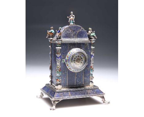 A FINE VIENNESE SILVER, ENAMEL AND LAPIS LAZULI CLOCK, BY HERMANN BOHM, VIENNA, CIRCA 1880 the arch-top surmounted by a winge