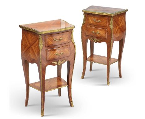 A FINE PAIR OF LOUIS XV STYLE GILT-METAL MOUNTED KINGWOOD SIDE TABLES each of bombe form, fitted with a pair of drawers and r