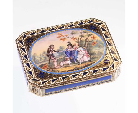 A FINE RUSSIAN GOLD AND ENAMEL SNUFF BOX, BY PIERRE THEREMIN, ST PETERSBURG, 1800 rectangular with cut corners, the lid paint