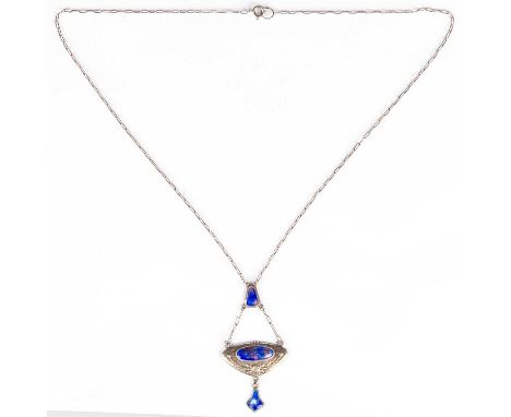 AN ARTS AND CRAFTS SILVER AND ENAMEL PENDANT NECKLACE, BY CHARLES HORNER Chester 1911, the lozenge-shaped pendant lightly pla