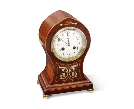 AN ART NOUVEAU INLAID MAHOGANY MANTEL CLOCK balloon-shaped case, two-train Jules-Rolez movement. 27cm highWith pendulum and a