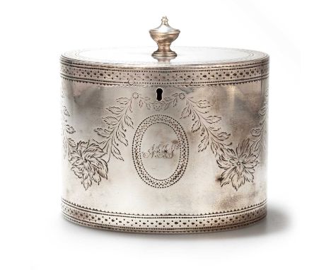 A GEORGE III SILVER TEA CADDY mark of Benjamin Mountigue overstriking, London 1780, oval, the flat hinged cover with urn-form